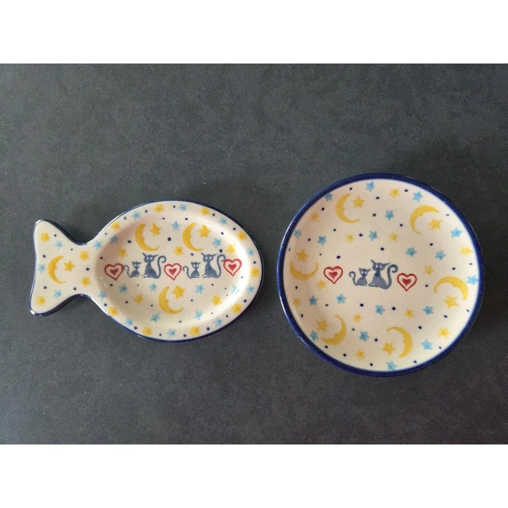 Polish Pottery Tea Bag Plates, Kittens of the Heart, Pair - RARE